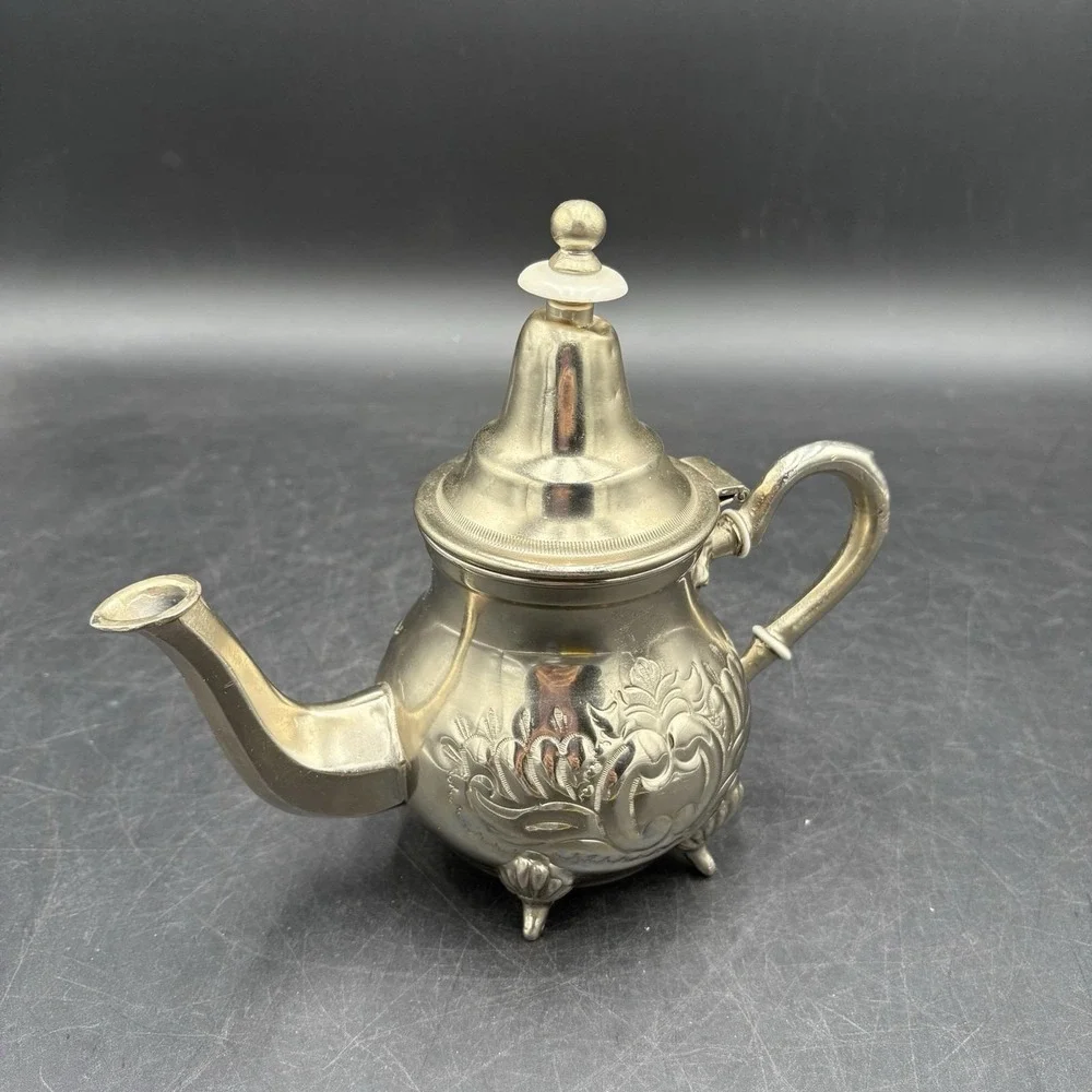 Vtg Moroccan HandMade Silverplate Footed Ornate Teapot Theirr Sidi Abderahmine
